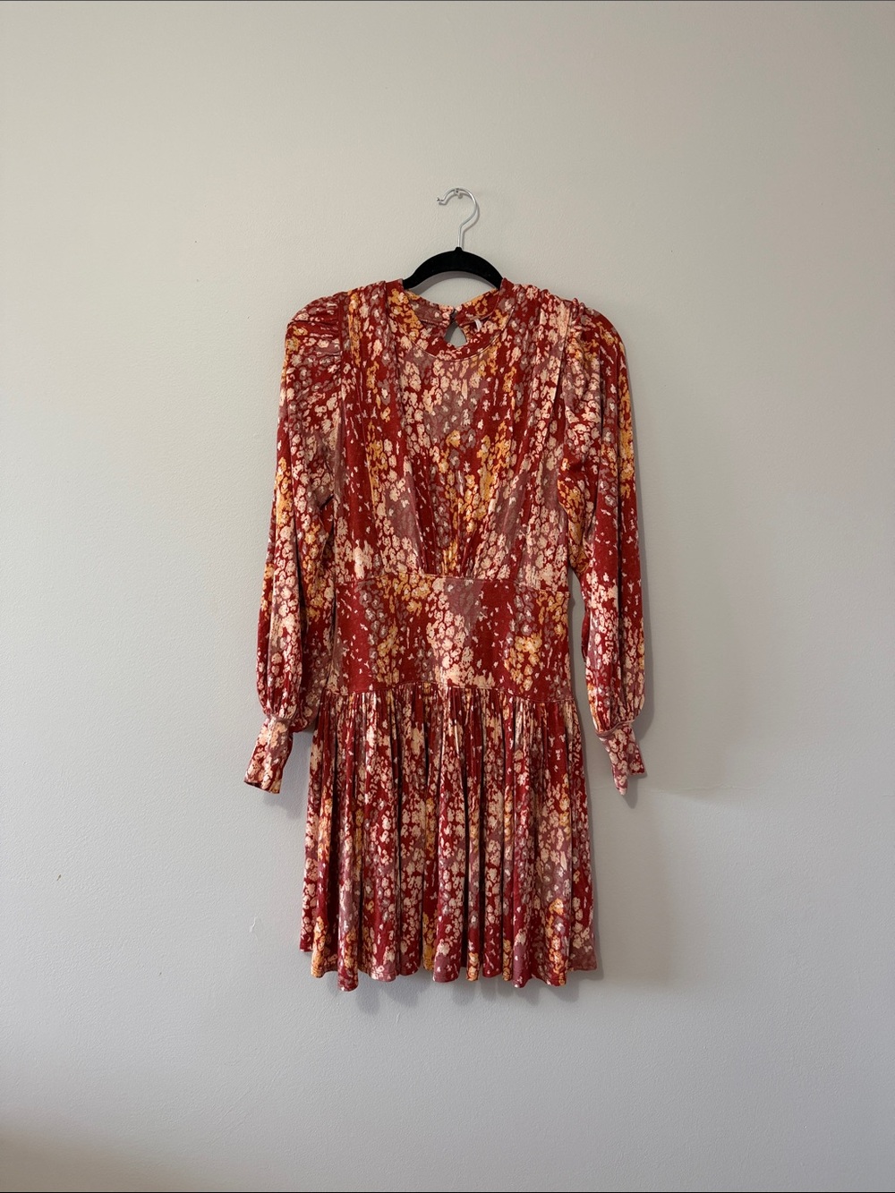 Free People Rust Floral Long-Sleeve Pleated Mini Dress
